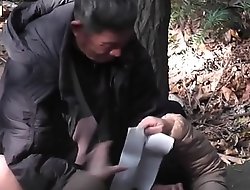 A woods outdoors hard Asian sex of old man and his girlfriend